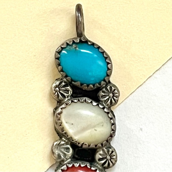1980s vintage aztec silver turquoise red white stone necklace pendant - Picture 5 of 9